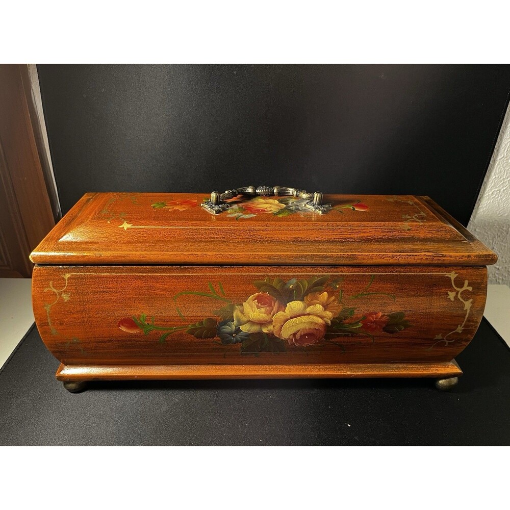 Victorian Inspired Trinket Box, Rosewood w. Floral Design 15” Long